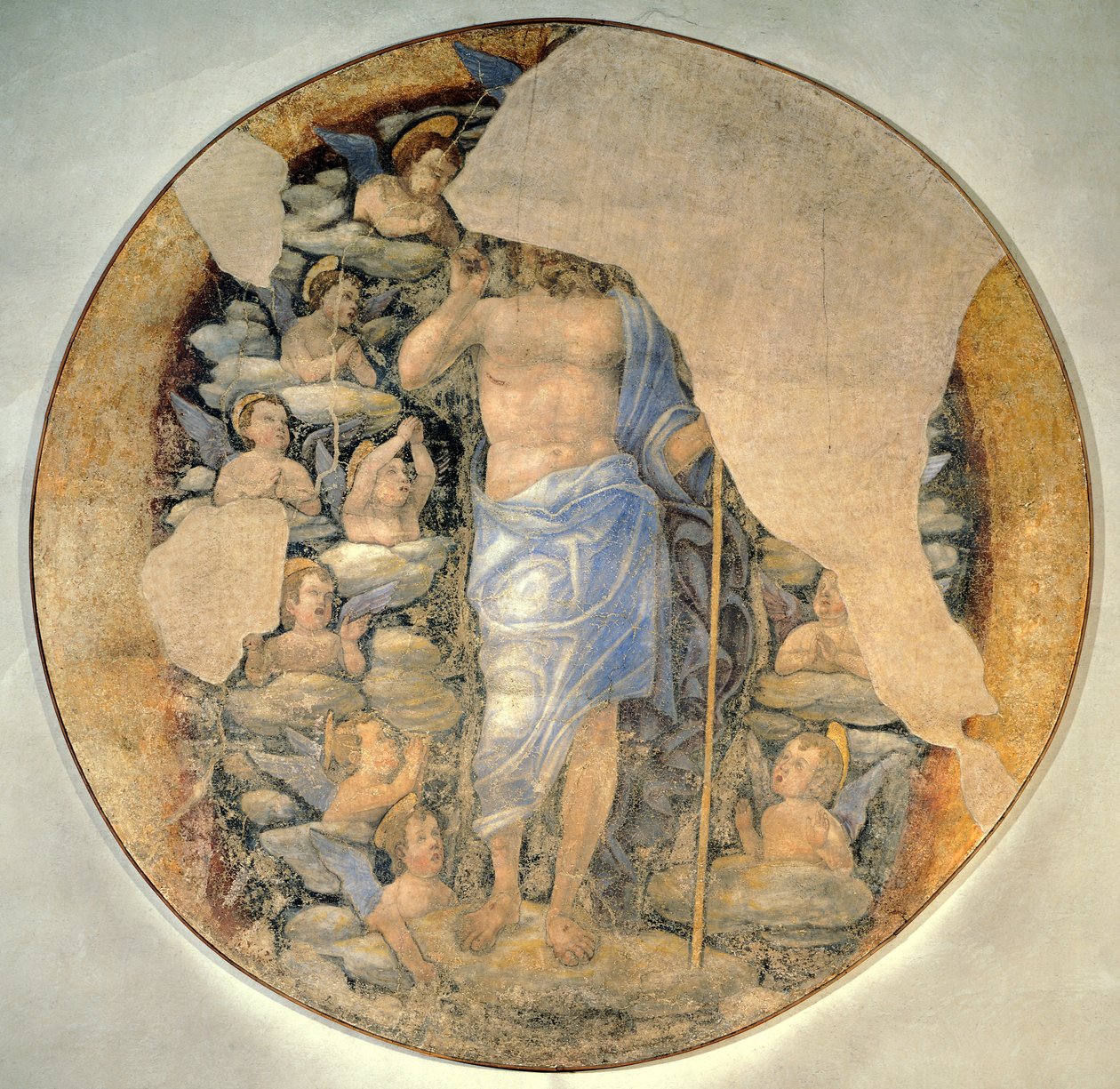 Cristo ascendendo ao céu em glória rodeado de anjos, cerca de 1488, atribuído a Andrea Mantegna (1431-1606), afresco de Andrea Mantegna