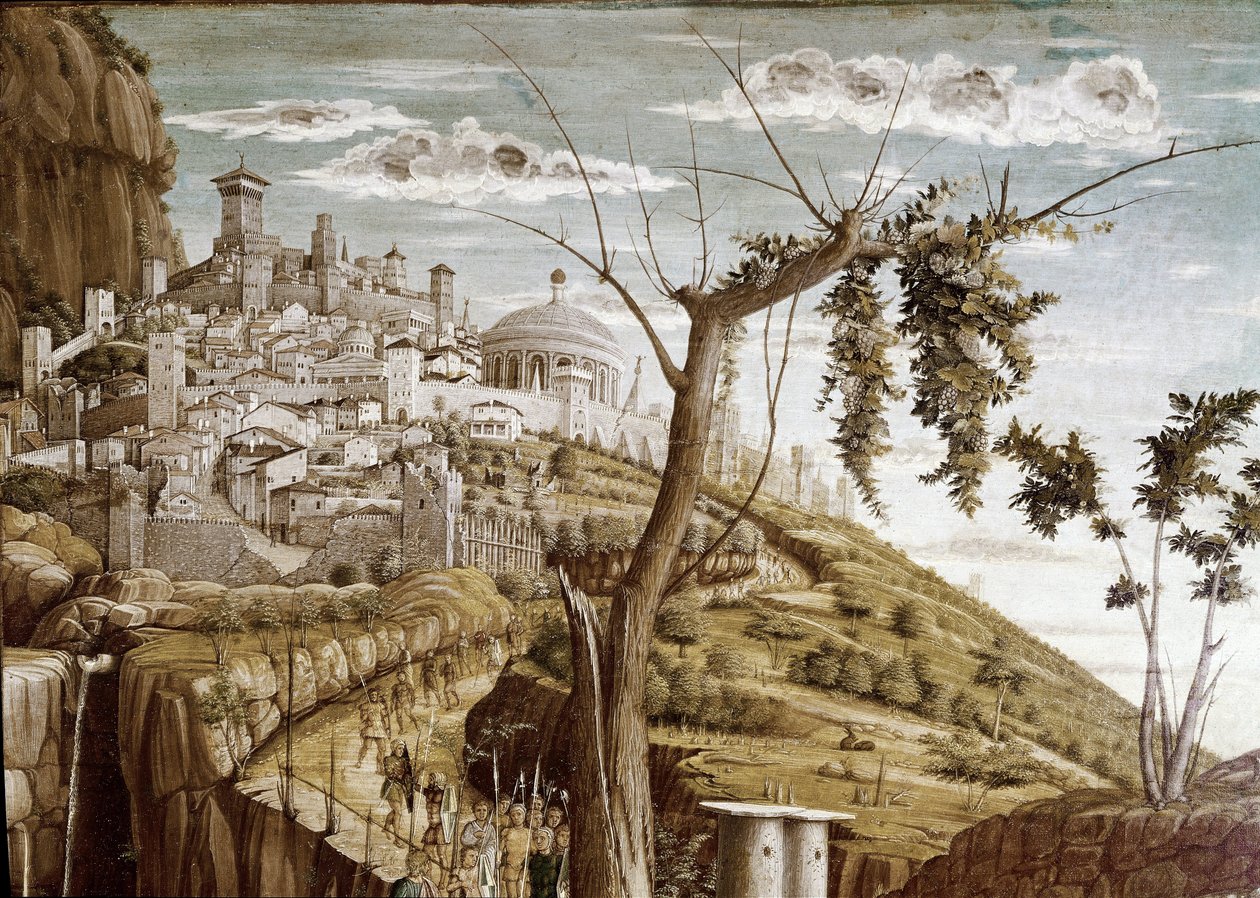 Cristo rezando no jardim das oliveiras, parte esquerda da predelle, Retábulo de San Zeno (têmpera sobre madeira, c.1457-1460) de Andrea Mantegna