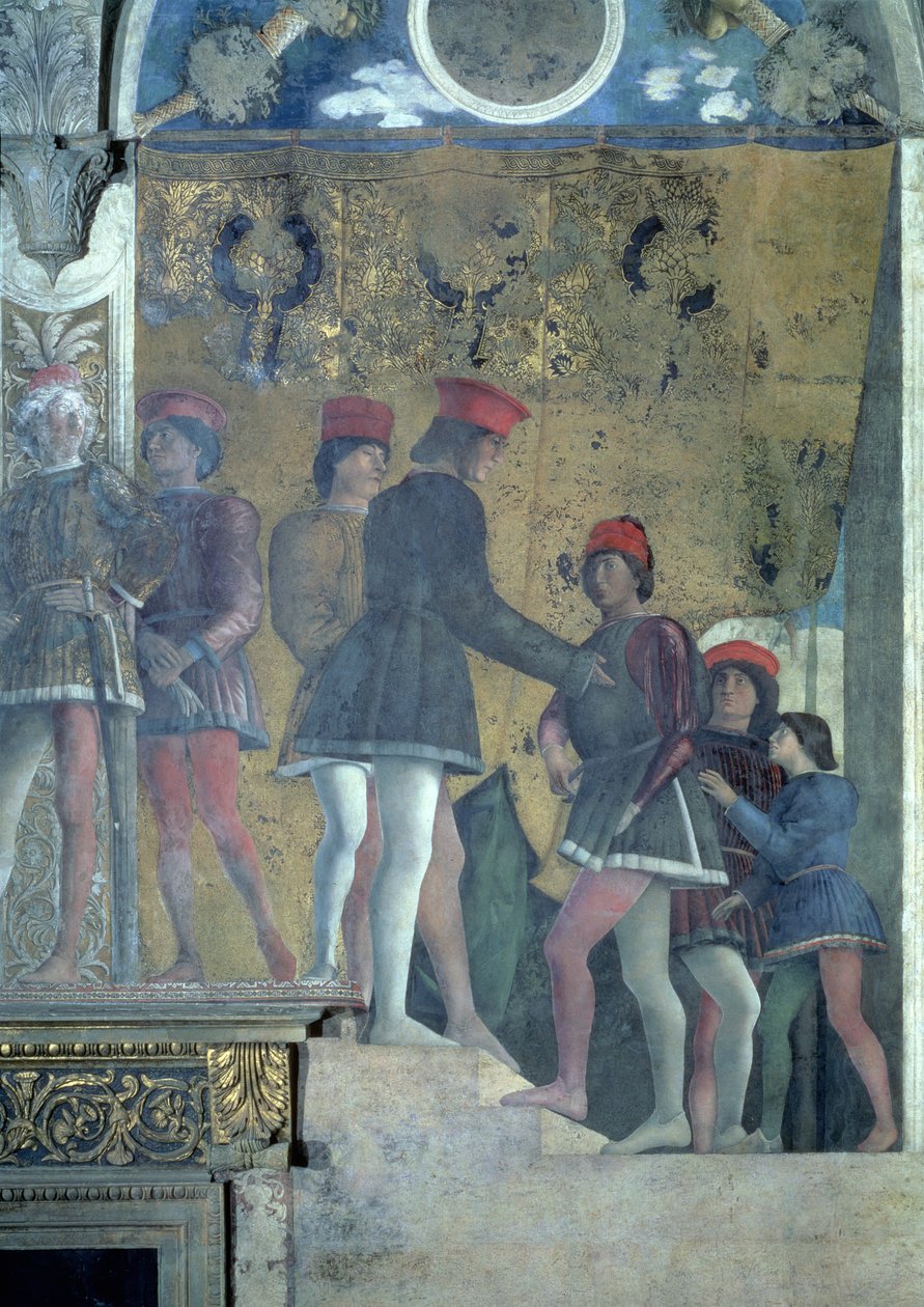 Cortes da corte do marquês Ludovico Gonzaga III de Mântua, da Câmara degli Sposi ou Camera Picta, detalhe afresco 1465-74 de 78449 de Andrea Mantegna