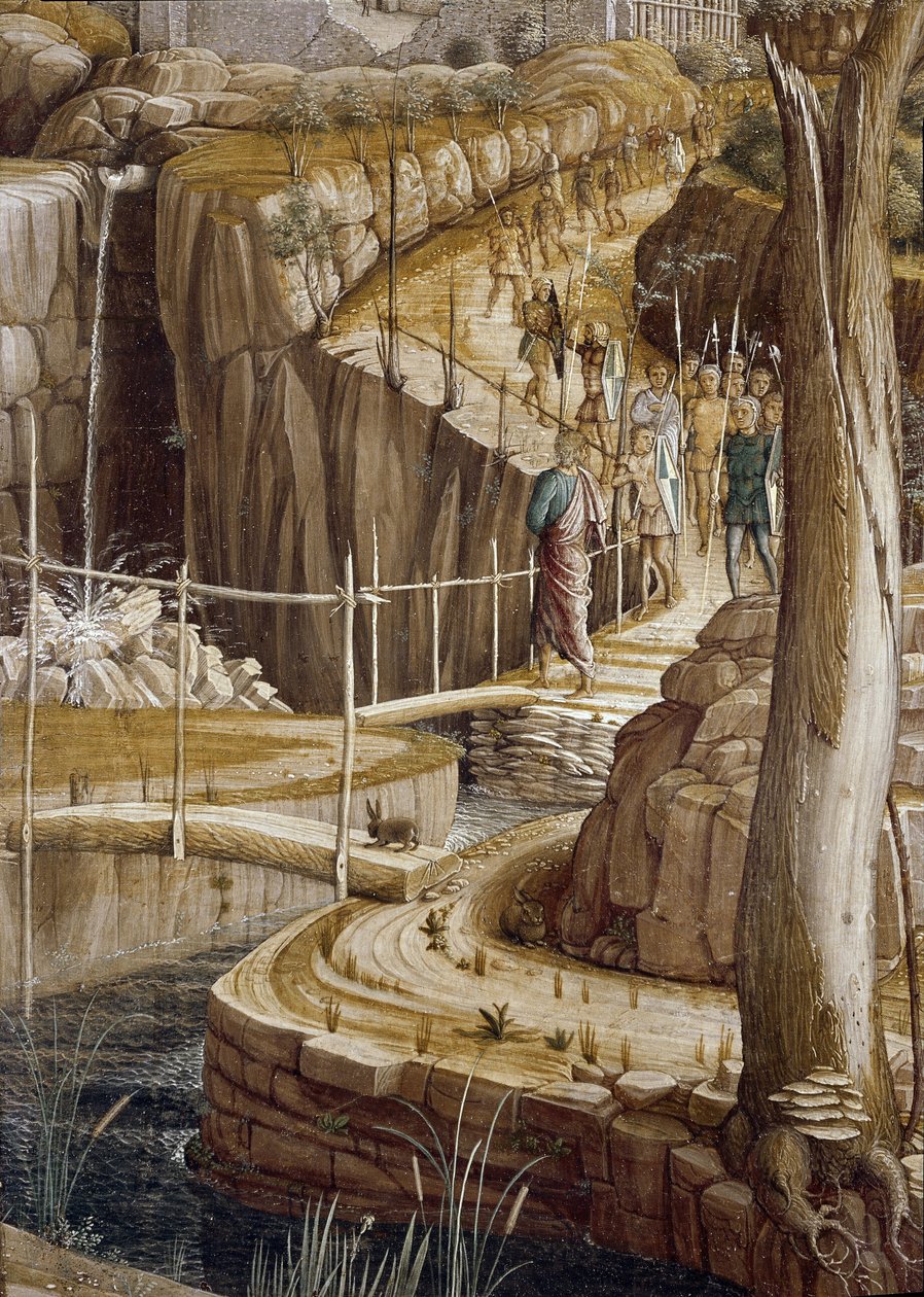 Detalhe de "A oração no jardim das oliveiras", Judas conduz os soldados a Jesus - Agonia no Jardim de Andrea Mantegna