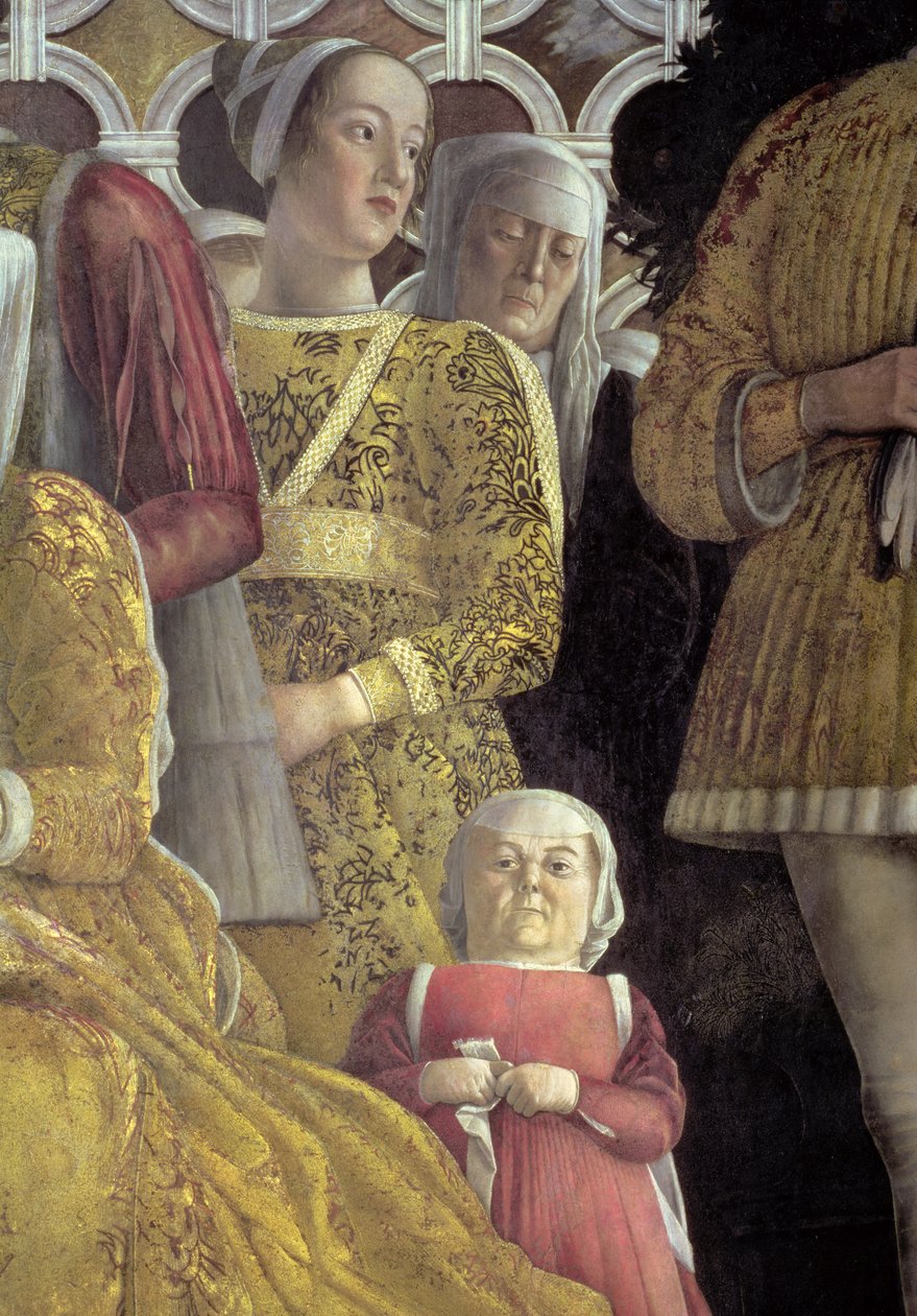 Anão e outros cortesãos do retrato de grupo da família e tribunal de Marchese Ludovico Gonzaga III de Mântua, da Câmara degli Sposi ou Camera Picta, 1465-74 detalhe afresco de 78449 de Andrea Mantegna