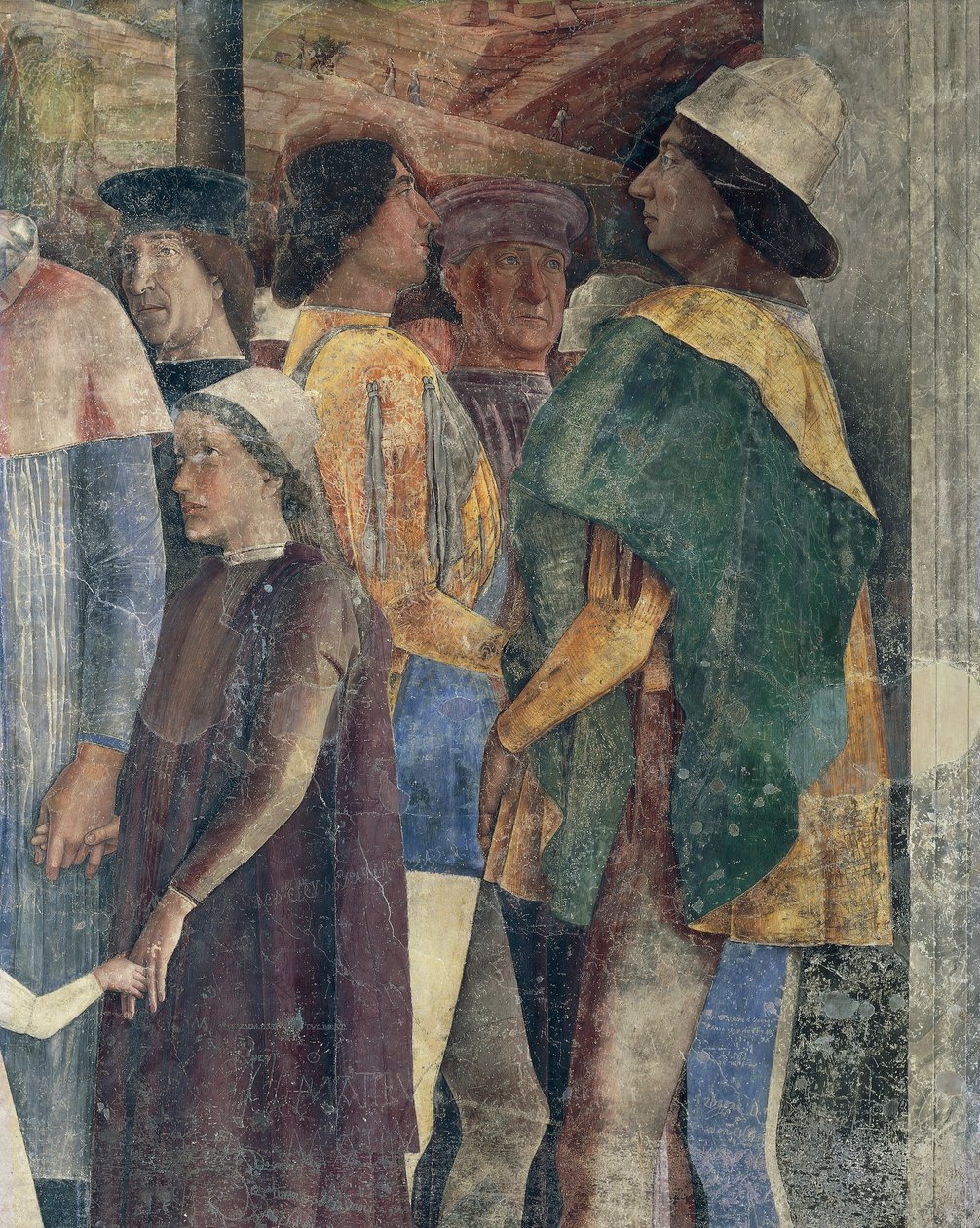 Frederico III dos Habsburgos, Christian I da Dinamarca e Federico I Gonzaga, detalhe de Meeting Wall, de Andrea Mantegna (1431-1606), fresco, Castelo de San Giorgio, Câmara de Casamento ou Camera Picta, Mântua de Andrea Mantegna