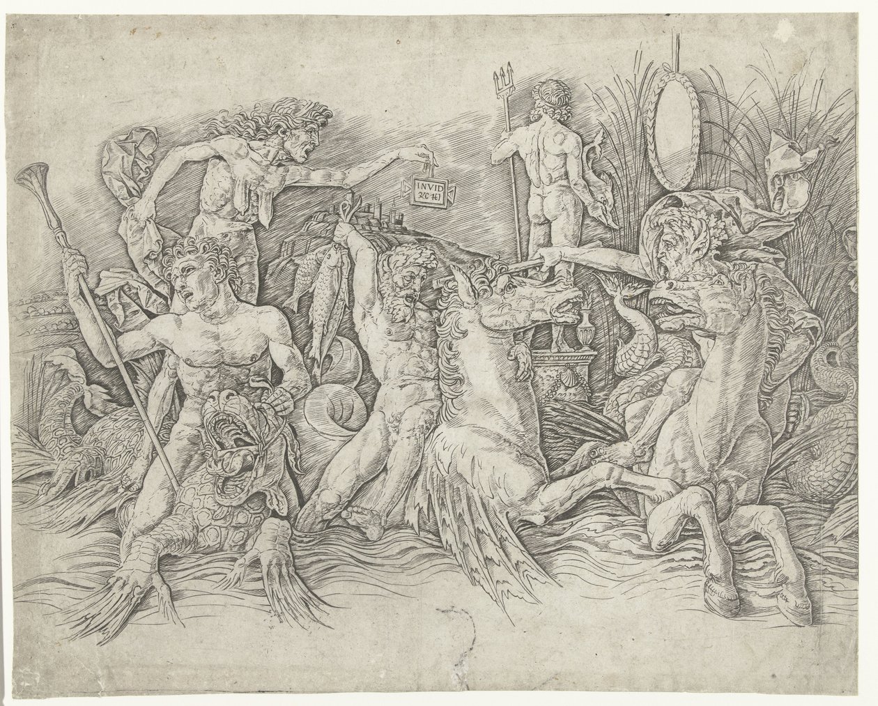 Batalha entre sátiros cavalgando hipocampos e velha como personificação da inveja em pé nas costas do dragão Batalha dos Deuses do Mar de Andrea Mantegna