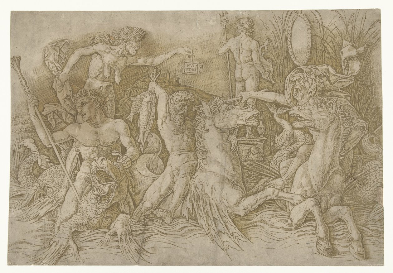 Batalha entre sátiros montados no hipocampo e a velha como personificação da inveja em pé nas costas do dragão Batalha dos Deuses do Mar de Andrea Mantegna