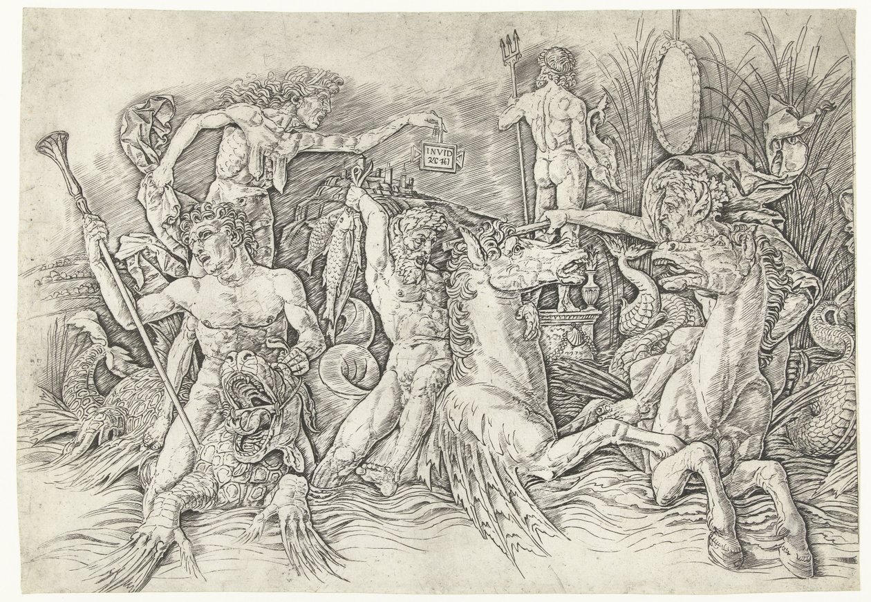 Batalha entre sátiros cavalgando hipocampos e velha como personificação da inveja em pé nas costas do dragão Batalha dos Deuses do Mar de Andrea Mantegna