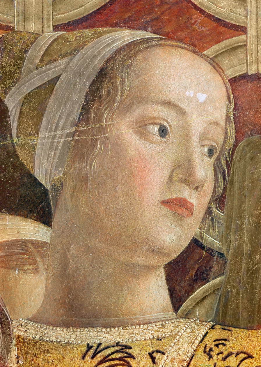 Cabeça de uma mulher, detalhe do Marquês Ludovico III Gonzaga e seu Tribunal na Câmara degli Sposi, c.1465-75 (detalhe de 166336) de Andrea Mantegna