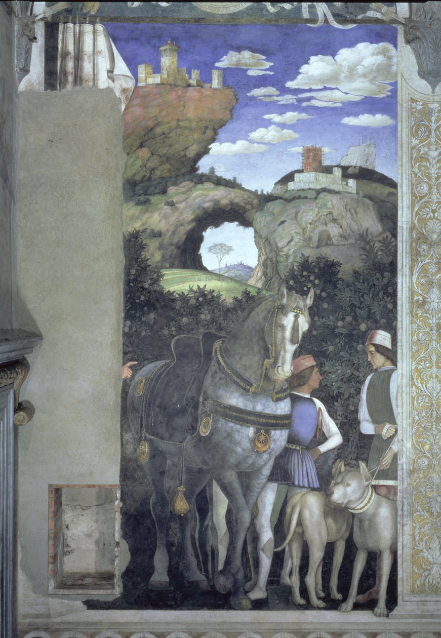 Cavalo e noivo com cães de caça, da câmera degli Sposi ou câmera Picta, detalhe afresco de 1465-74 de 78449 de Andrea Mantegna