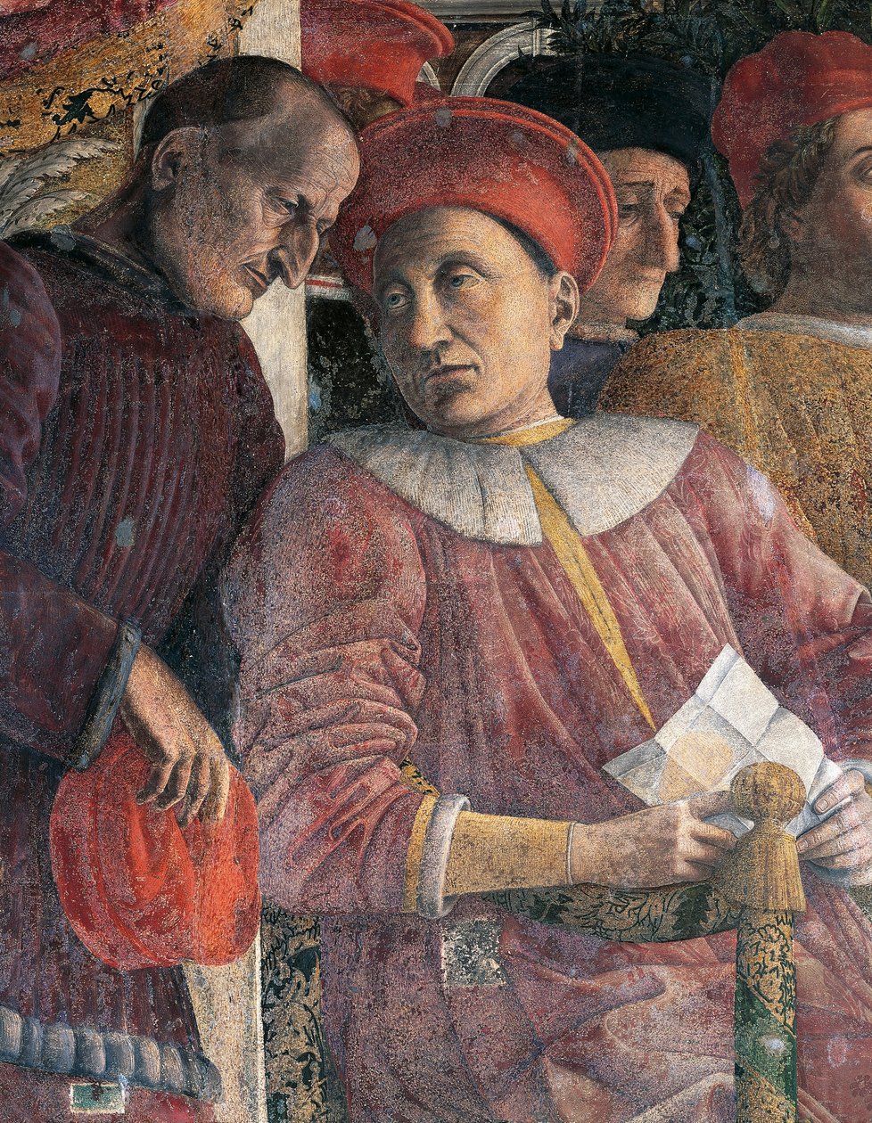 Ludovico Gonzaga e o conselheiro Marsilio Andreasi, detalhe de Court Wall de Andrea Mantegna (1431-1606), fresco, Castelo de San Giorgio, Câmara de Casamento ou Camera Picta, Mântua de Andrea Mantegna