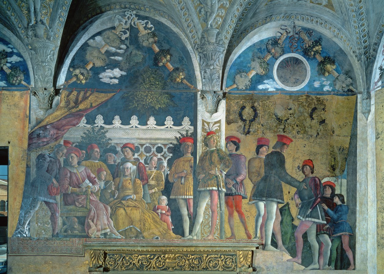 O marquês Ludovico Gonzaga III, sua esposa Barbara de Brandemburgo, seus filhos, cortesãos e seu cão Rubino, da Camera degli Sposi ou Camera Picta, 1465-74 de Andrea Mantegna
