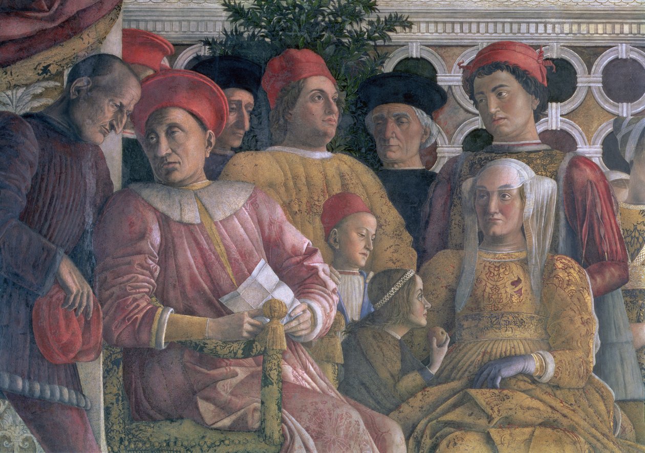 Marchese Ludovico Gonzaga III de Mântua reinou 1444-78, sua esposa Barbara de Brandemburgo, crianças e cortesãos, da Câmara degli Sposi ou Camera Picta, detalhe afresco 1465-74 de 78449 de Andrea Mantegna