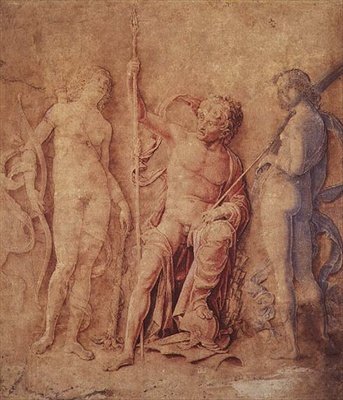 Marte, Diana e Íris (?) 1446-1506 (caneta e tinta castanha, com aguada castanha, vermelha e azul, realçada de branco, sobre papel descolorido a castanho) de Andrea Mantegna