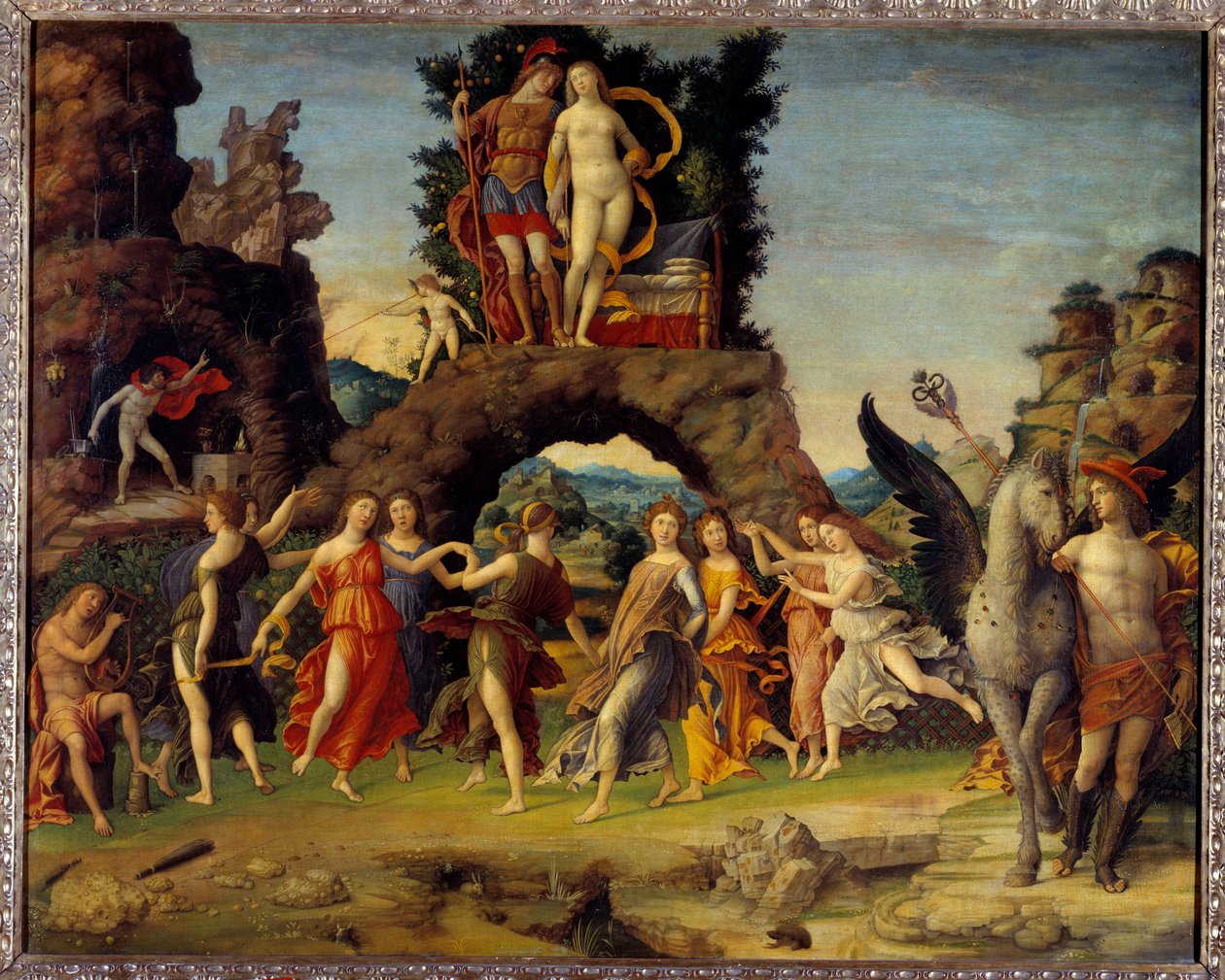Marte e Vénus ou The Parnassus. Pintura retratando Marte e Vénus na Rocha, Pegase e Mercúrio, Apolo e as nove musas Calliope (poesia épica), Clio (história), Erato (arte lírica), Euterpe (música), Melpomene (tragédia), Polymnie (retórica), Terpsichore de Andrea Mantegna