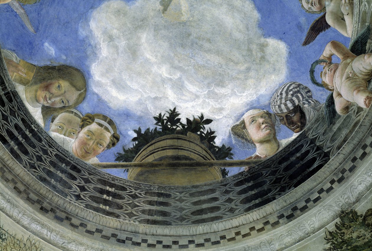 Occulus do teto da Casa dos Cônjuges, Palácio Ducal de Mântua, Itália (Camera degli Sposi, Palazzo Ducale, Mantova): detalhe de figuras alegóricas e putti. Afresco de Andrea Mantegna (1431-1506) de Andrea Mantegna