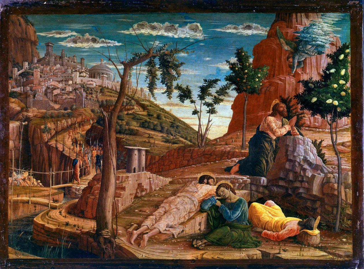 Oração no Jardim das Oliveiras Após a última ceia, Cristo vai ao monte do Getsêmani, que domina Jerusalém com os Apóstolos. Soldados romanos se aproximam para detê-lo. Altarpe de San Zeno de Verona. Pintura (tempera) sobre madeira por Andrea Man de Andrea Mantegna