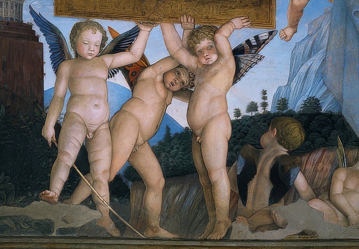 Putti com asas de borboleta segurando uma placa de dedicação (detalhe). 1465-74 de Andrea Mantegna