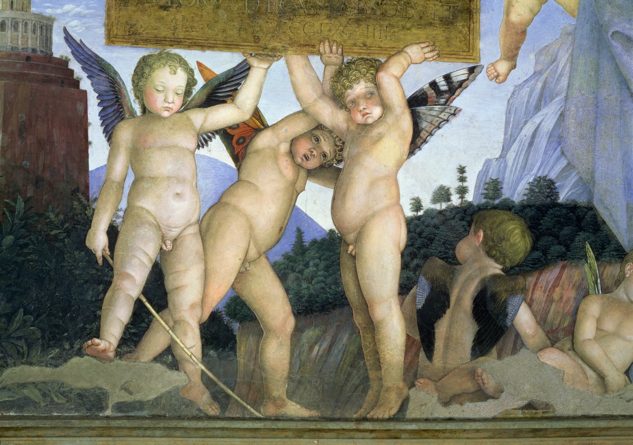 Putti com asas de borboleta apoiando a placa dedicatória, da Camera degli Sposi ou Camera Picta, detalhe afresco 1465-74 de 78449 de Andrea Mantegna