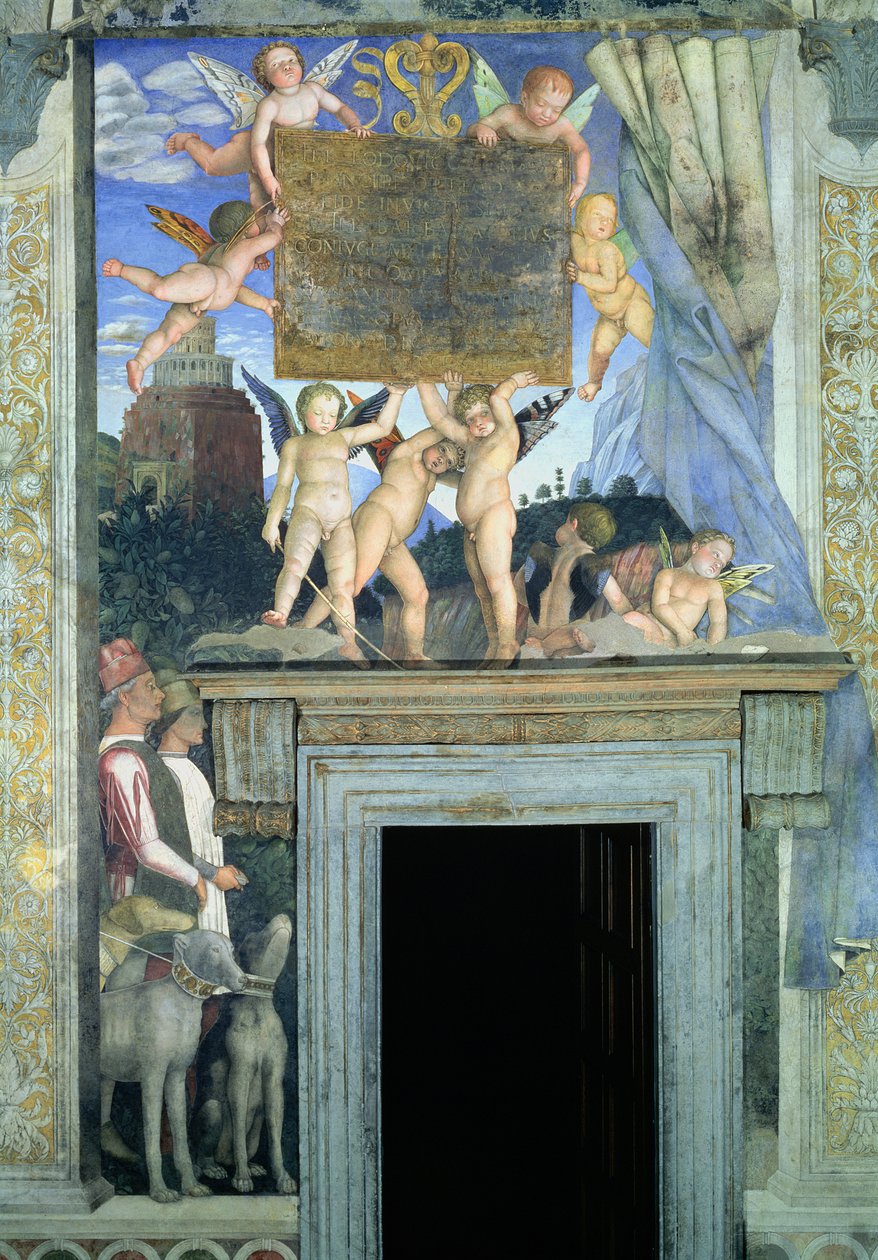 Putti com asas de borboleta apoiando a placa dedicatória com cães de caça e seus manipuladores abaixo, da Camera degli Sposi ou Camera Picta, detalhe afresco 1465-74 de 78449 de Andrea Mantegna