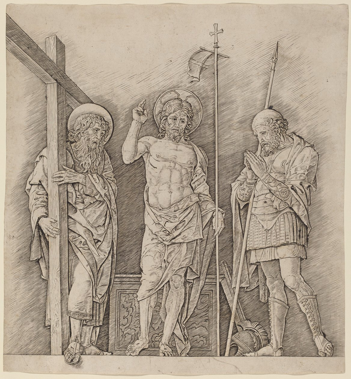 Cristo ressuscitado entre Santos André e Longinus de Andrea Mantegna