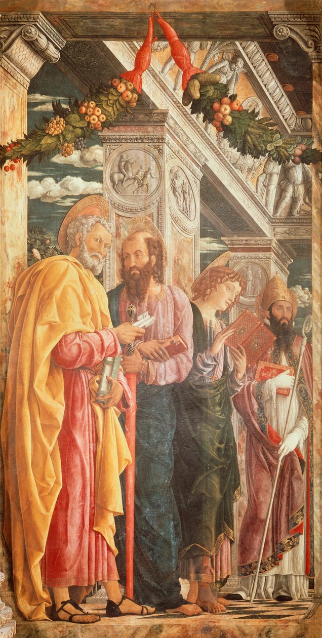 Santos Pedro e Paulo e dois Santos, detalhe de San Zeno Altarpiece de Andrea Mantegna