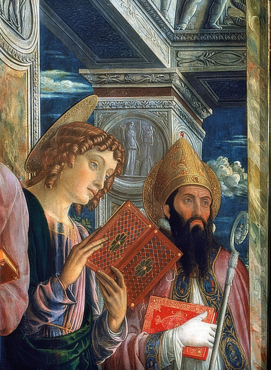 Altar de San Zeno. Detalhe do lado esquerdo. 1457-1460. Na foto estão João Evangelista e Zenon de Verona de Andrea Mantegna