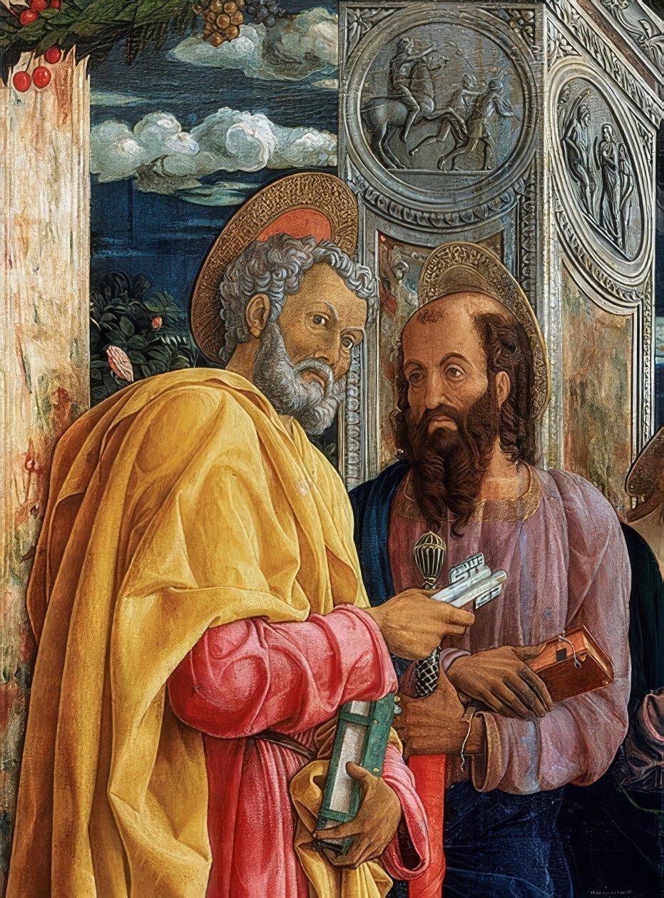 Altar de San Zeno. Detalhe do lado esquerdo. 1457-1460. Na foto estão Simon Petrus e Paulus von Tarsus de Andrea Mantegna