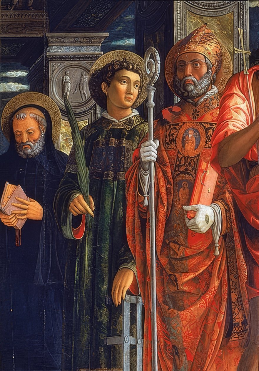 Altar de San Zeno. Detalhe do lado direito. 1457-1460. O detalhe mostra Agostinho de Hipona, Laurêncio de Roma e Bento de Nursia de Andrea Mantegna