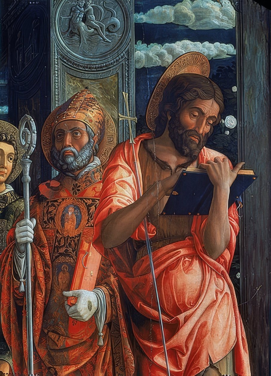 Altar de San Zeno. Detalhe do lado direito. 1457-1460. O detalhe mostra João Batista e Agostinho de Hipona de Andrea Mantegna