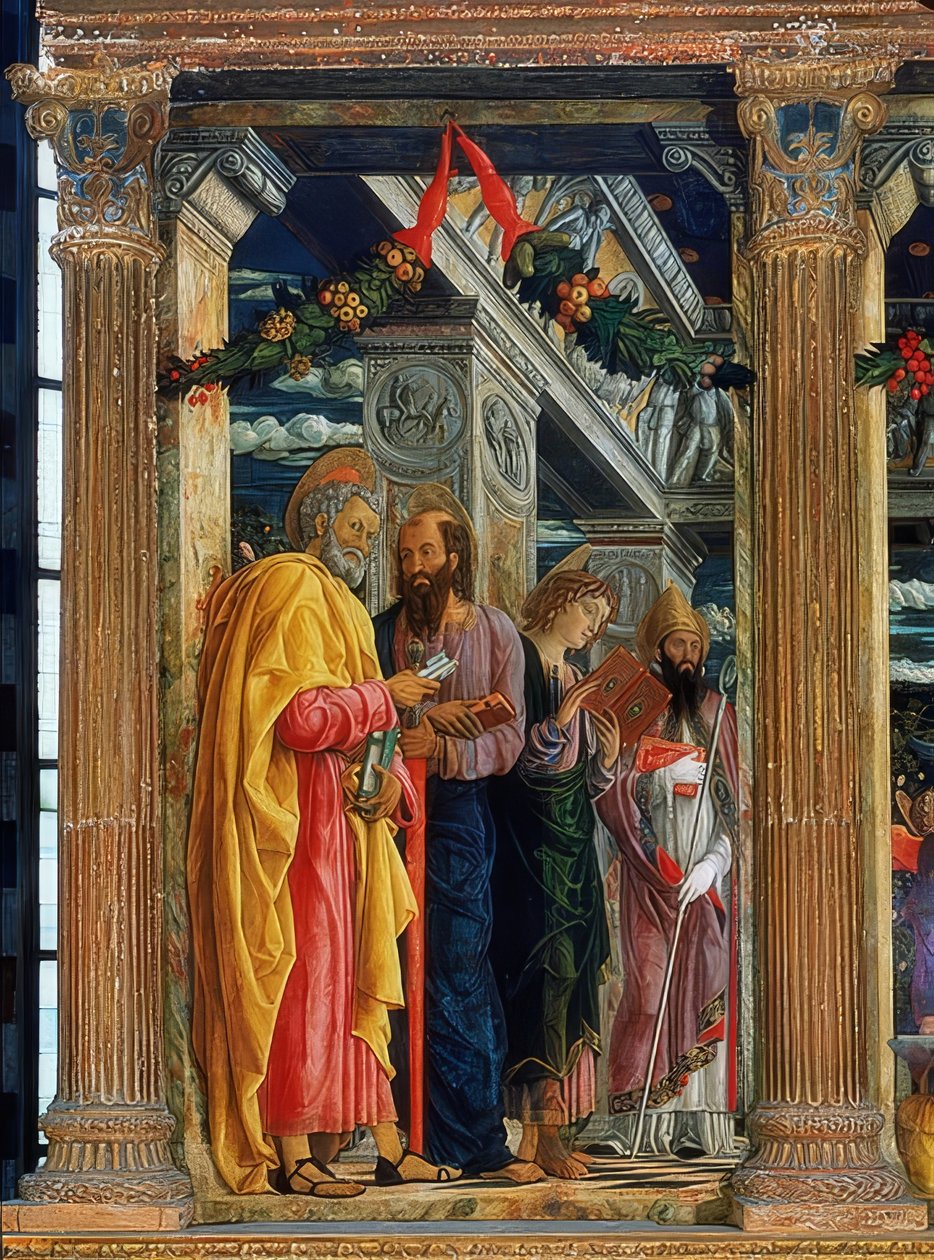 Altar de San Zeno. Lado esquerdo. 1457-1460. Na foto estão Simão Pedro, Paulo de Tarso, João Evangelista e Zenão de Verona de Andrea Mantegna