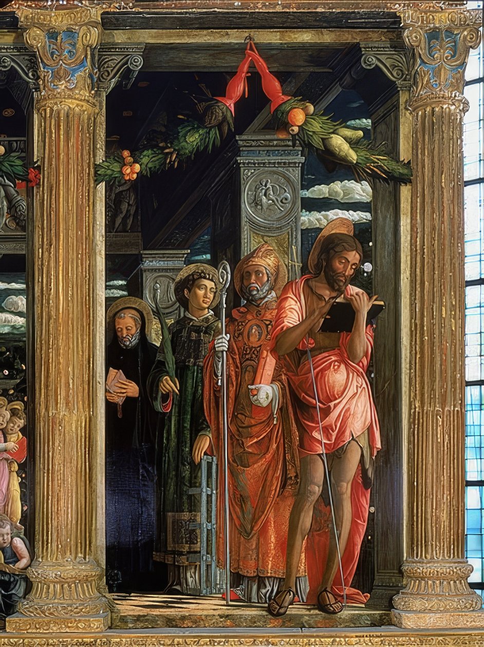 Altar de San Zeno. Lado direito. 1457-1460. O detalhe mostra João Batista, Laurêncio de Roma, Agostinho de Hipona e Bento de Núrsia de Andrea Mantegna