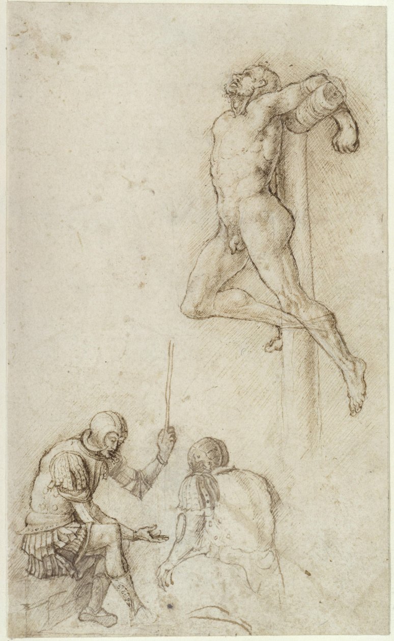 Ladrões na cruz, com dois soldados em baixo a jogar aos dados de Andrea Mantegna