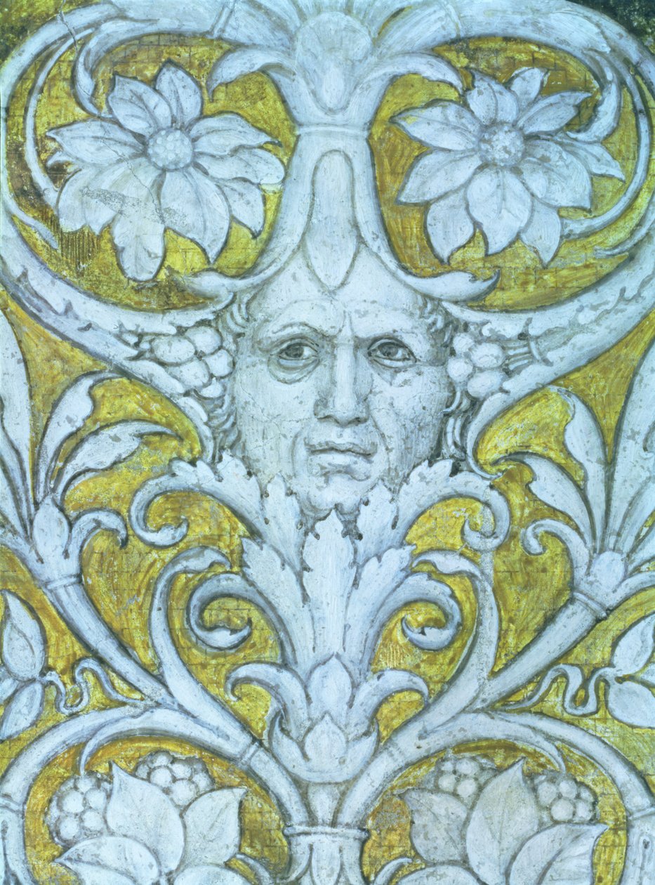 Auto-retrato incorporado no friso decorativo da Camera degli Sposi ou Camera Picta, detalhe afresco 1465-74 de 78449 de Andrea Mantegna