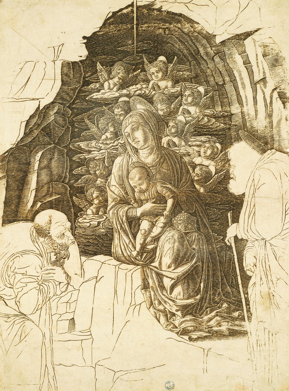 Estudo para adoração de magos por Andrea Mantegna (1431-1506), desenho de Andrea Mantegna