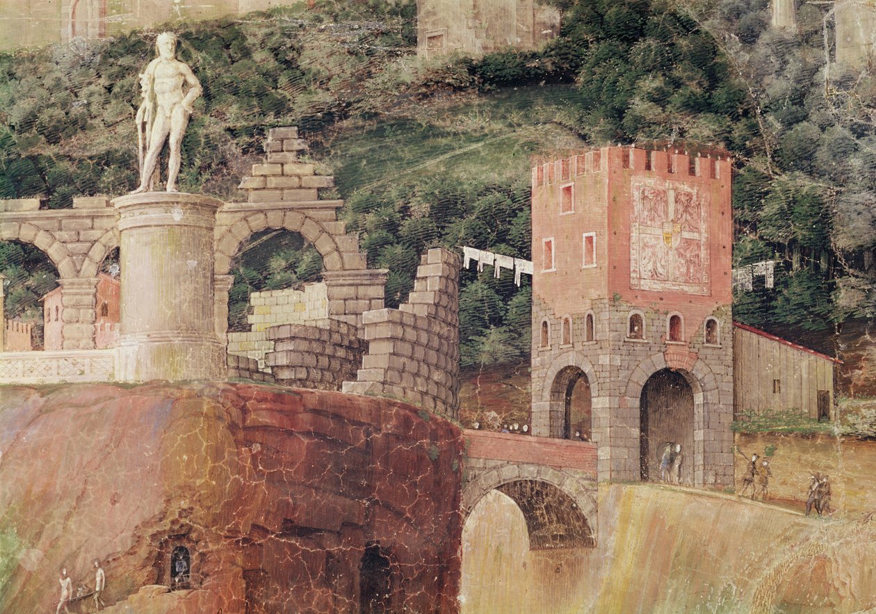 A chegada do cardeal Francesco Gonzaga, detalhe do fundo mostrando uma visão idealizada de Roma, c.1465-74 (detalhe de 78457, 78449) de Andrea Mantegna