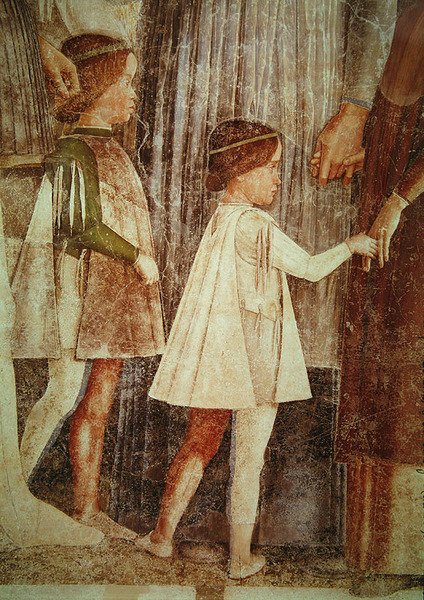 A chegada do cardeal Francesco Gonzaga, saudada por seu pai, o marquês Ludovico Gonzaga III e seus irmãos, detalhe dos filhos de Gonzaga, c. 1465-74 (detalhe de 78454) de Andrea Mantegna