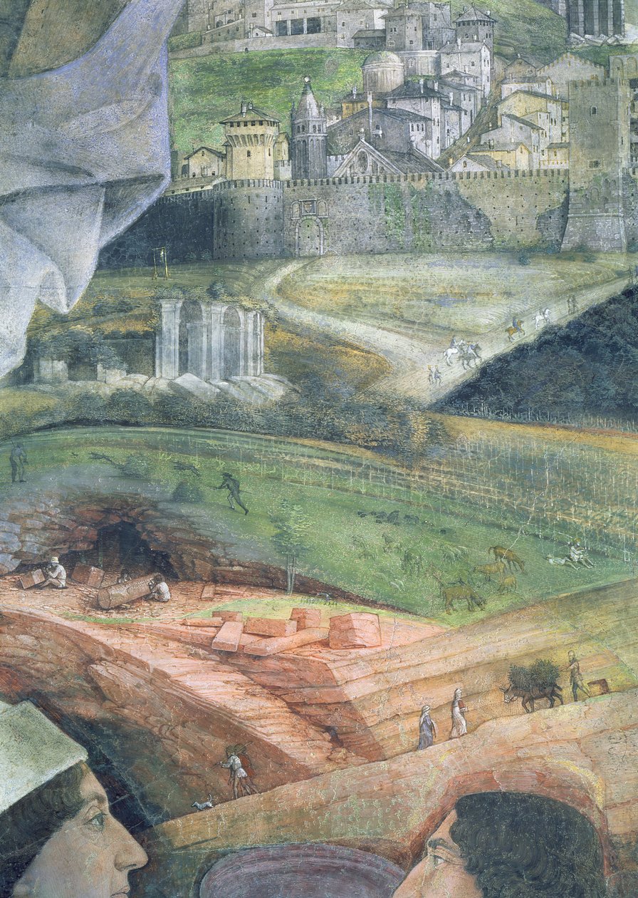 A chegada do cardeal Francesco Gonzaga; obras de pedreira de mármore e uma visão idealizada de Roma, a partir da Câmara degli Sposi ou Camera Picta, 1465-74 detalhe afresco de 78449 de Andrea Mantegna