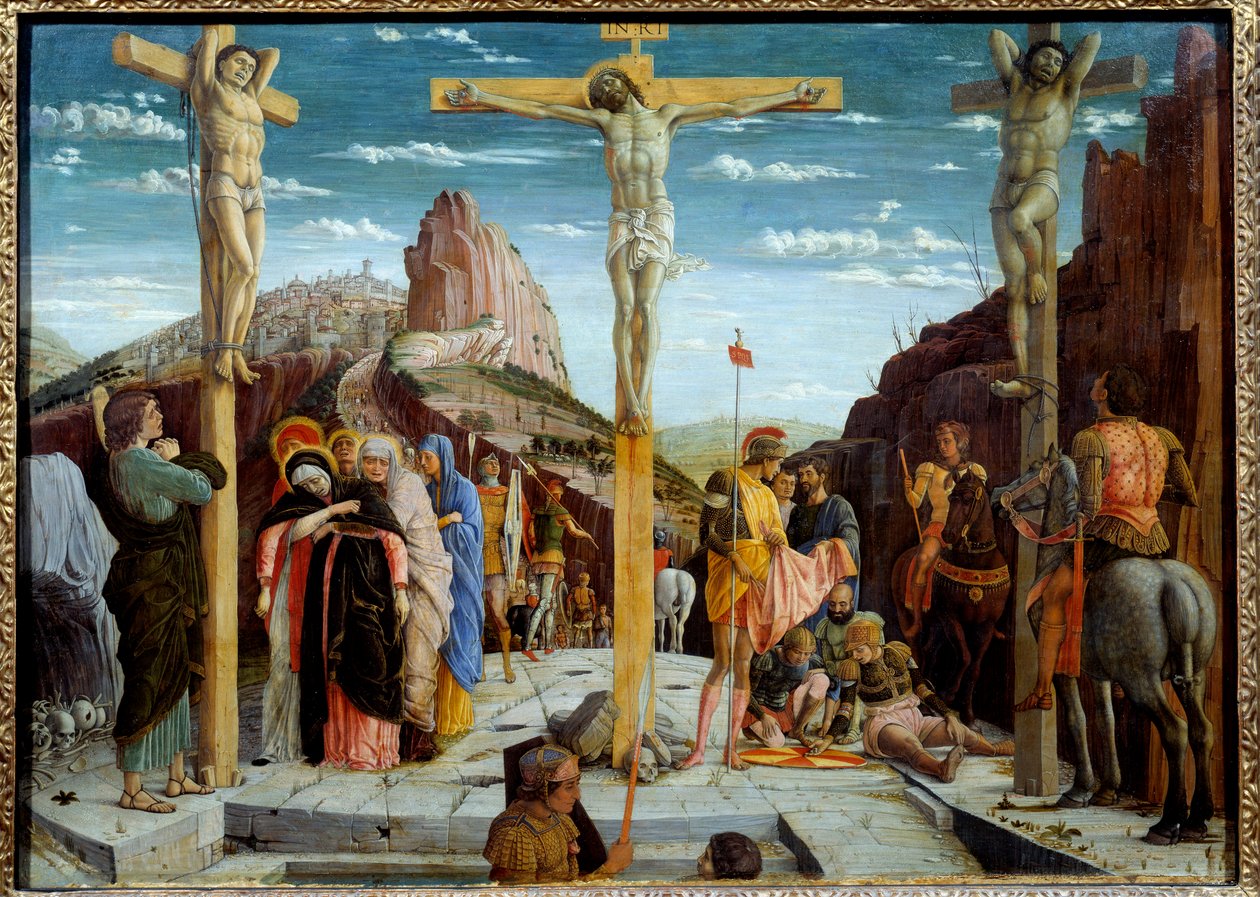 A Pintura do Calvário de Andrea Mantegna (1431-1506) Sol do século XV. 0,76x0,96 m - O Calvário. Pintura de Andrea Mantegna (1431-1506) de Andrea Mantegna
