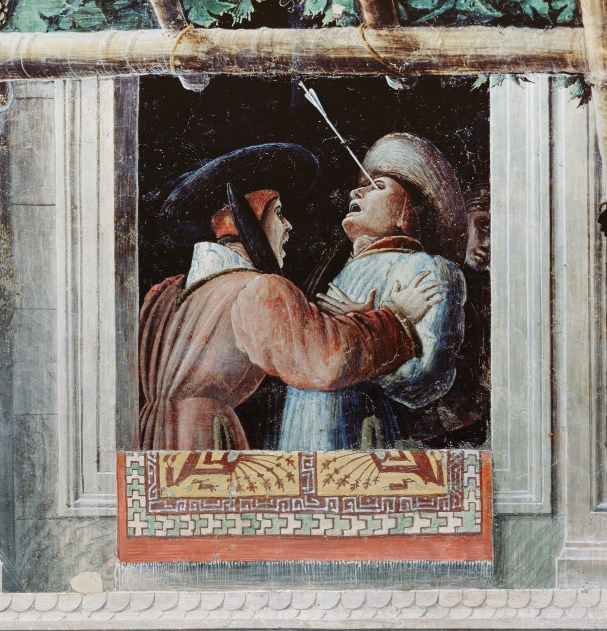 O martírio de São Cristóvão, detalhe de um homem disparado pelo olho com uma flecha, c.1450-56 de Andrea Mantegna