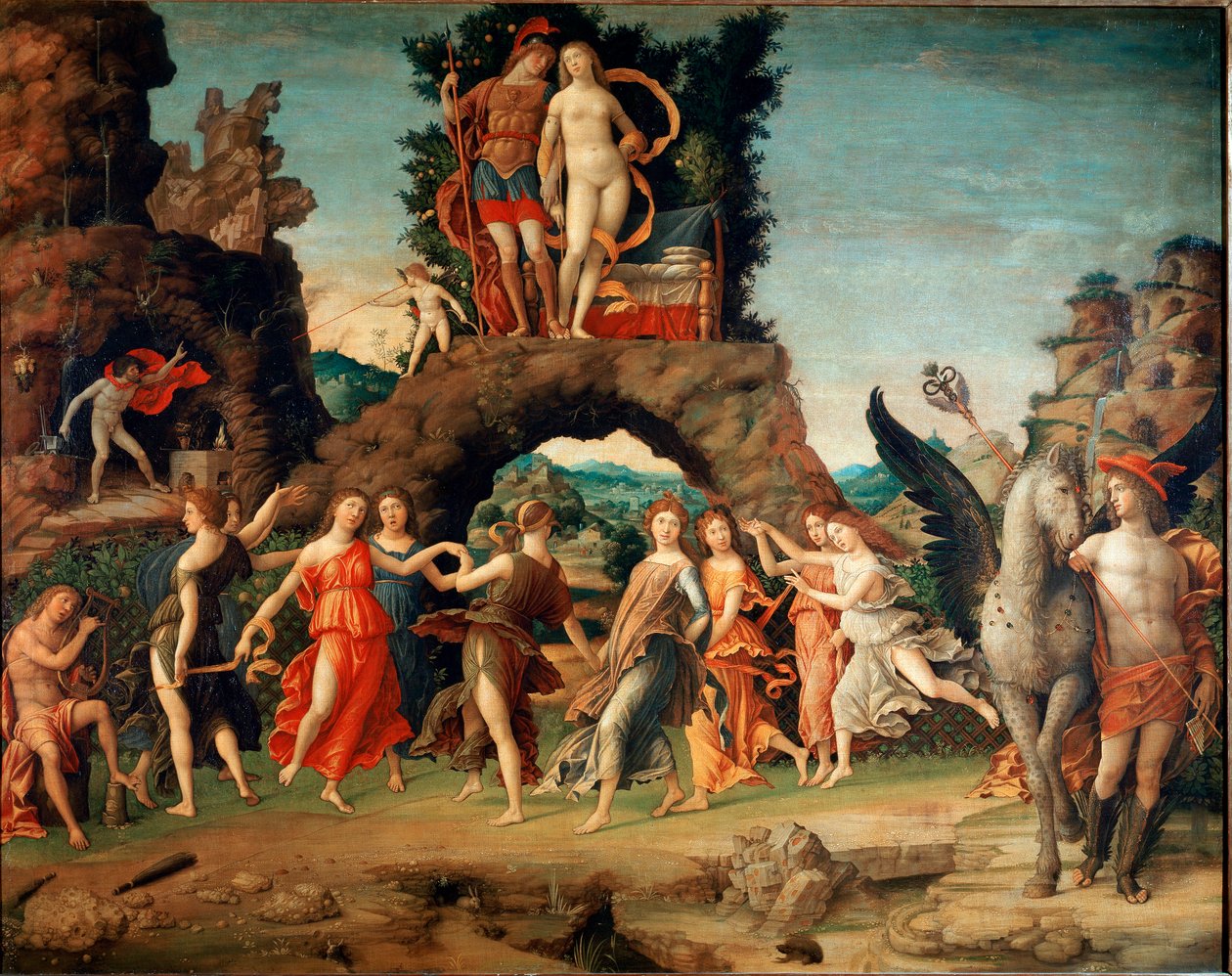 O Parnassus (Apollo e as nove musas) (tempera e ouro sobre tela de Andrea Mantegna