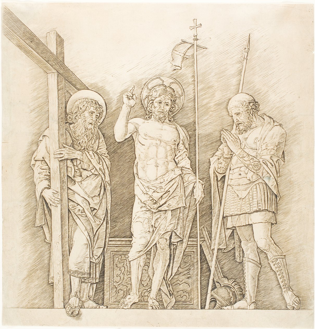 O Cristo Ressuscitado entre Santos André e Longinus de Andrea Mantegna