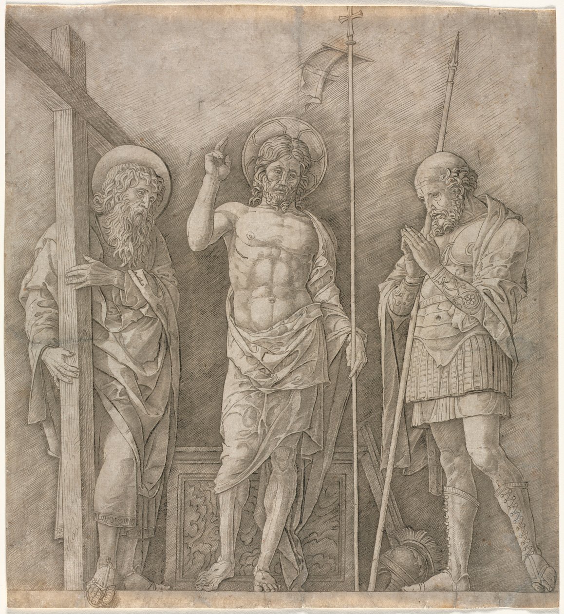 O Cristo ressuscitado entre Santo André e Longinus, no início dos anos 1470. de Andrea Mantegna