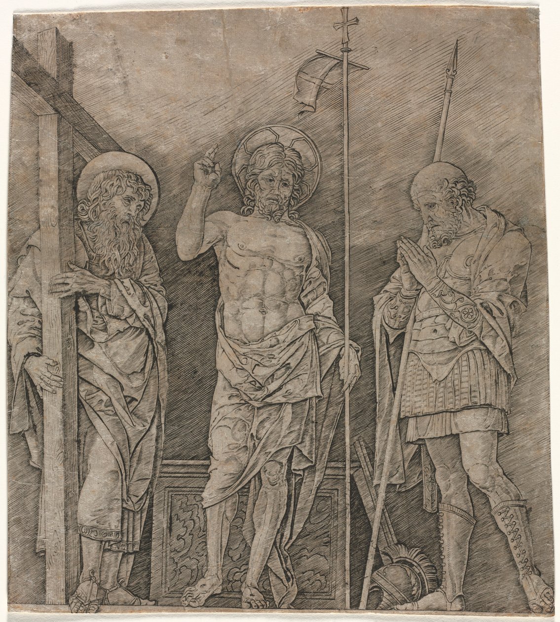 O Cristo ressuscitado entre Santo André e Longinus, no início dos anos 1470. de Andrea Mantegna