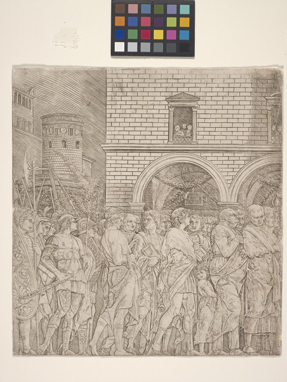 Os Senadores - O Triunfo de Júlio César (gravura em papel de creme) de Andrea Mantegna