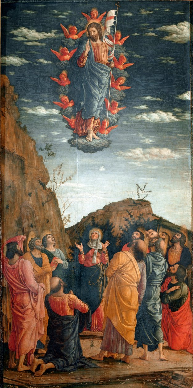 A ascensão. Pintura de Andrea Mantegna (1431-1506) de 1460. 86x42,5 cm. Firenze, Galleria degli Uffizi. - A Ascensão de Cristo, de Andrea Mantegna (1431-1506). Tempera sobre madeira, 86x42,5 cm. de Andrea Mantegna
