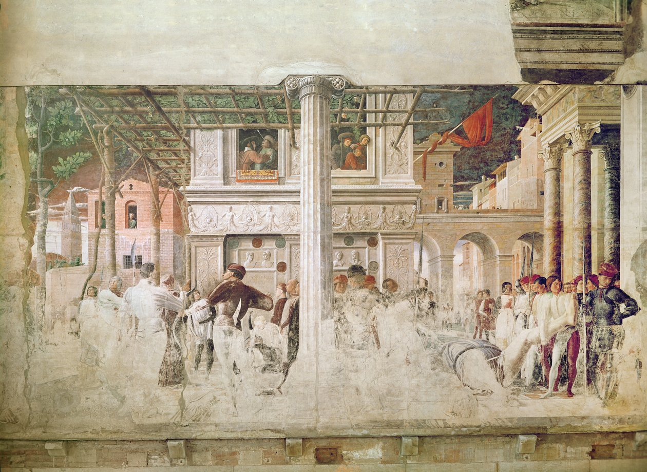 O martírio de São Cristóvão e o movimento de seu corpo (antes da restauração), c.1450-56 de Andrea Mantegna