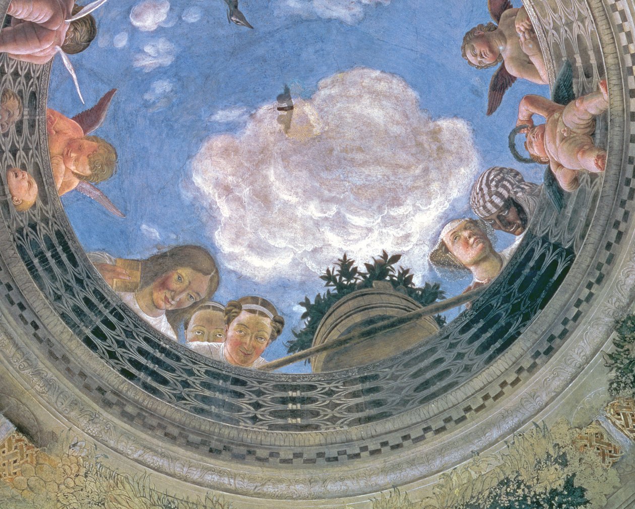 Trompe loeil oculus no centro do teto abobadado da Camera degli Sposi ou da Camera Picta, detalhe afresco 1465-74 de 72245 de Andrea Mantegna