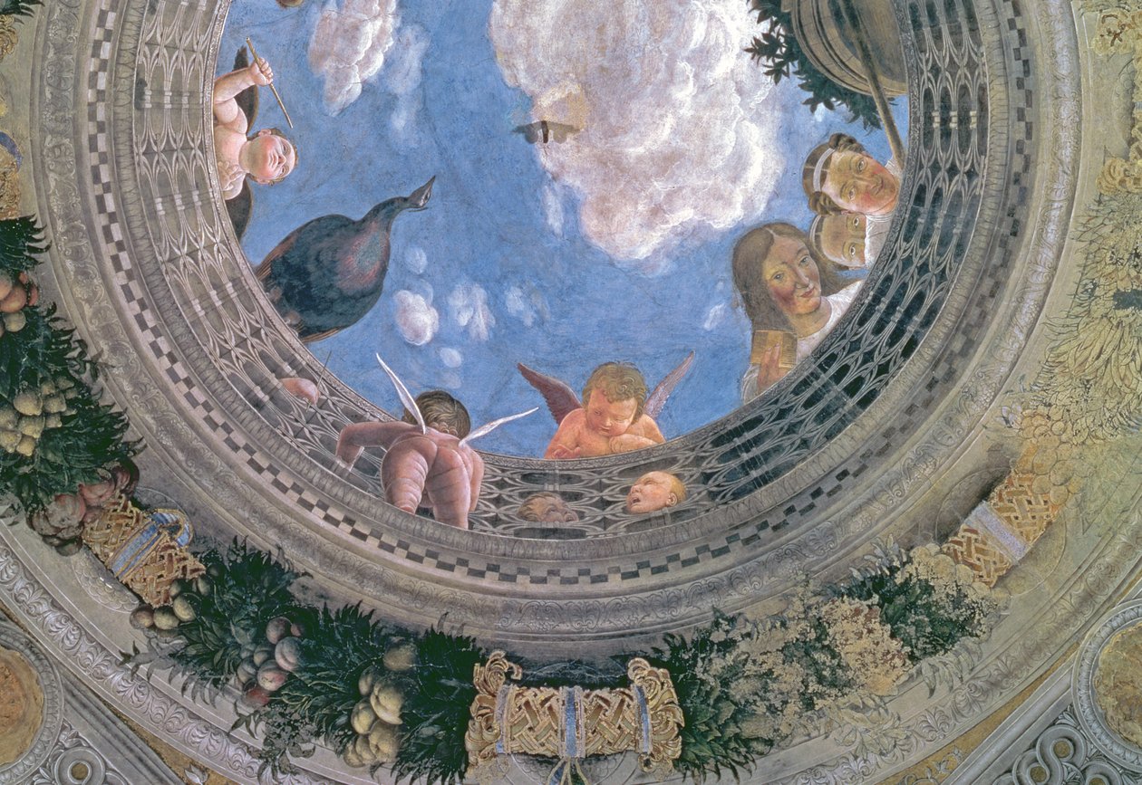 Trompe loeil oculus no centro do teto abobadado da Camera degli Sposi ou da Camera Picta, detalhe afresco 1465-74 de 72245 de Andrea Mantegna