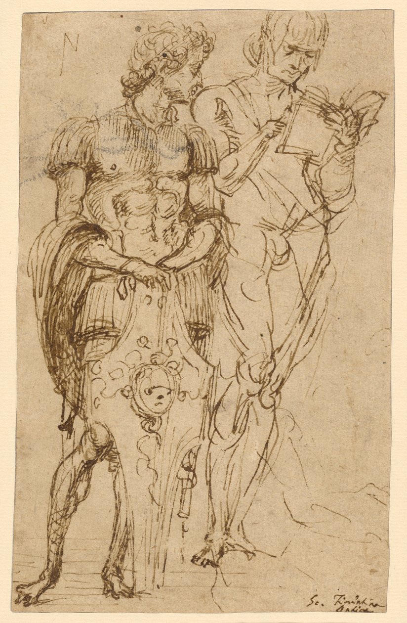 Duas figuras masculinas de pé (anverso); Um homem reclinado e outros estudos (verso) de Andrea Mantegna