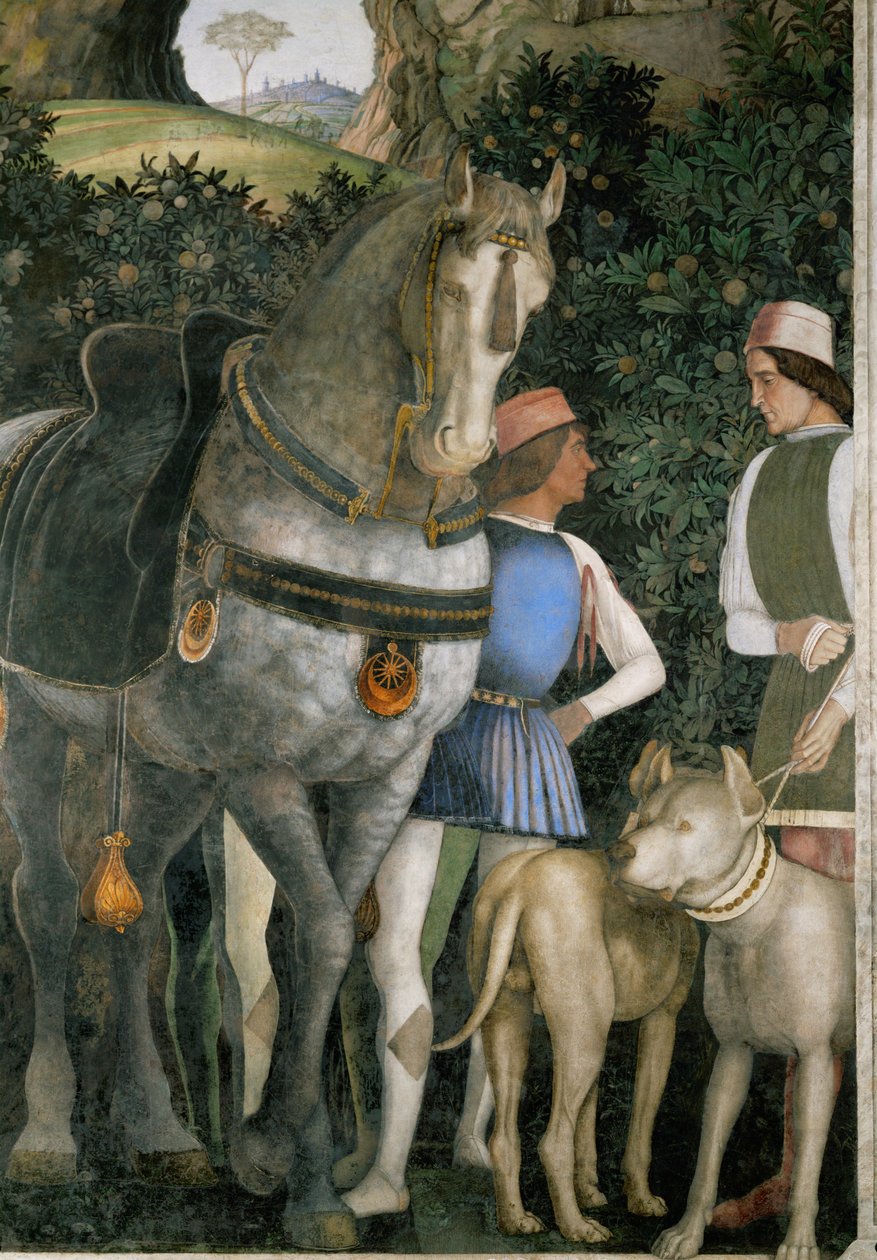 Dois tratadores com o cavalo e os cães de caça de Lodovico Gonzaga (fresco) de Andrea Mantegna