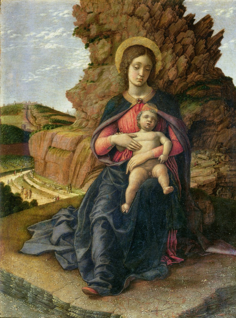 Virgem e Criança, também conhecida como Madonna da Pedreira, c.1480s (tempera no painel) de Andrea Mantegna