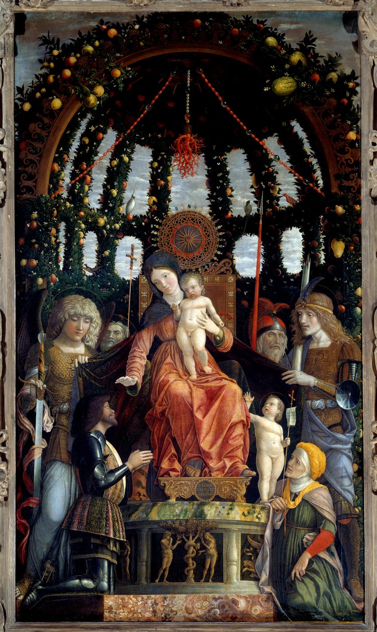 Virgem da Vitória (Pala della Vittoria) (Madonna della Vittoria). A Virgem Maria é representada: São Miguel, São Jorge, São Longín e São André. O patrono do quadro, o Marquês de Mântua, François II de Gonzague (Francesco II Gonzaga) ( de Andrea Mantegna